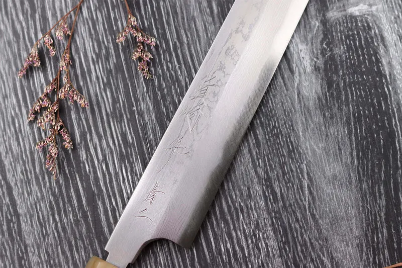 Couteau sakimaru takohiki japonais artisanal Naoki Mazaki Damascus biseauté 27cm corne claire