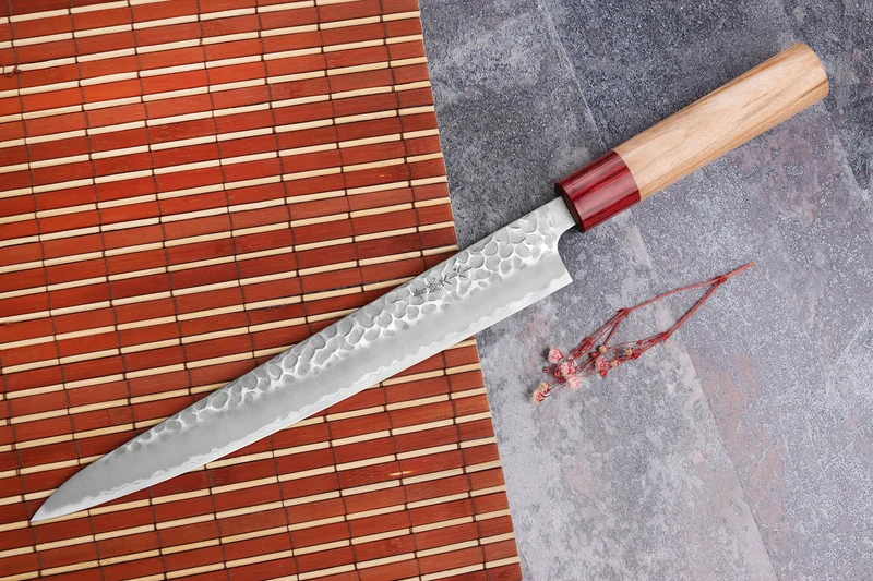 Couteau sujihiki japonais artisanal Tsunehisa Aogami Super martelé 24cm