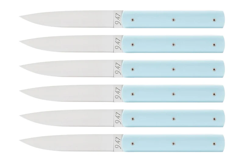 Coffret de 6 couteaux de table faits mains Perceval 9.47 bleu ciel