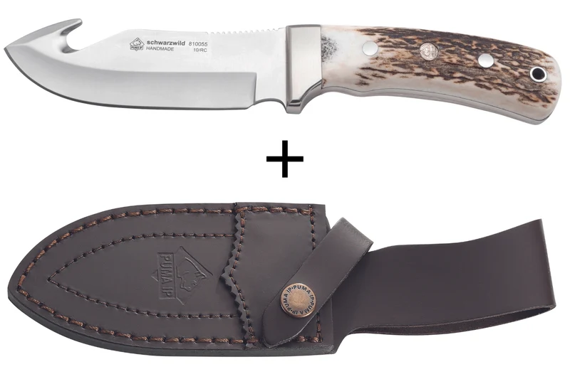 Couteau Puma IP Schwarzwild 338212 lame guthook 12cm manche bois de cerf + étui en cuir