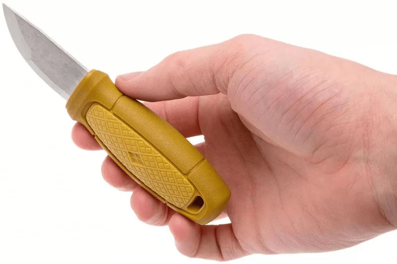 Petit couteau de poche Mora Eldris 12632 lame inox 5,9cm manche caoutchouc jaune avec allume-feu + étui