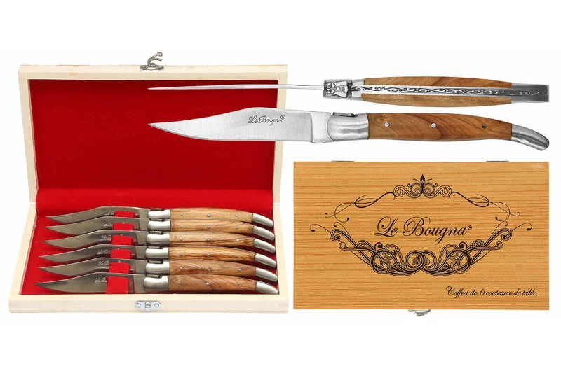 Coffret cadeau de 6 couteaux de table Le Bougna manches en Teck