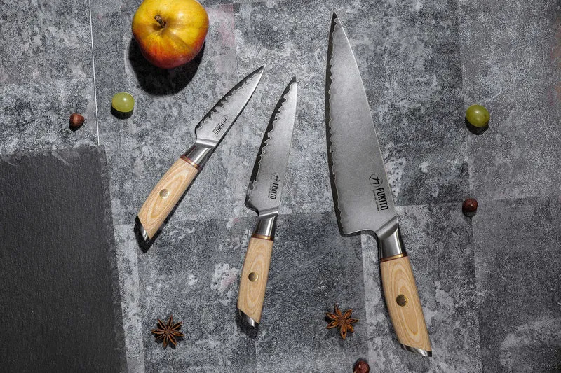 Coffret 3 couteaux Fukito Pakka San Mai Chef + Universel + Office