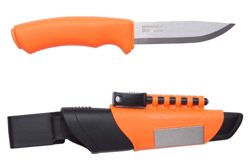 Couteau Mora Bushcraft Survival 12051 lame inox 10,9cm manche caoutchouc orange avec allume feu + étui