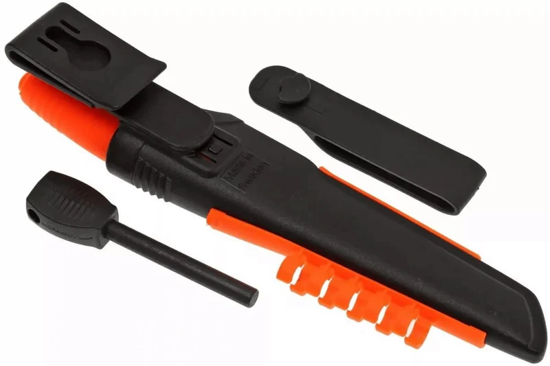 Couteau Mora Bushcraft Survival 12051 lame inox 10,9cm manche caoutchouc orange avec allume feu + étui