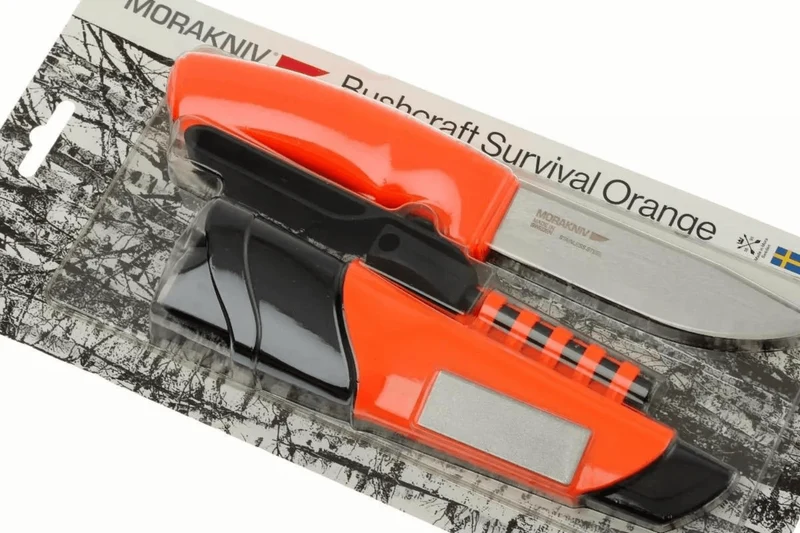 Couteau Mora Bushcraft Survival 12051 lame inox 10,9cm manche caoutchouc orange avec allume feu + étui
