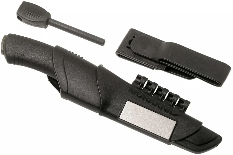 Couteau Mora Bushcraft Survival 11742 lame noire carbone 10,9cm manche caoutchouc noir avec allume feu + étui