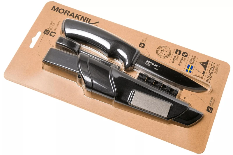 Couteau Mora Bushcraft Survival 11742 lame noire carbone 10,9cm manche caoutchouc noir avec allume feu + étui