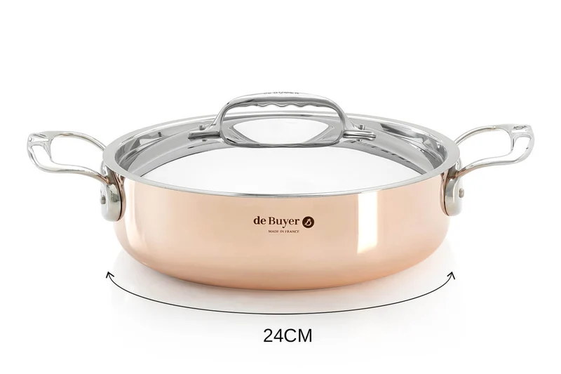 Sautoir droit en cuivre inox De Buyer Prima Matera anses en inox avec couvercle