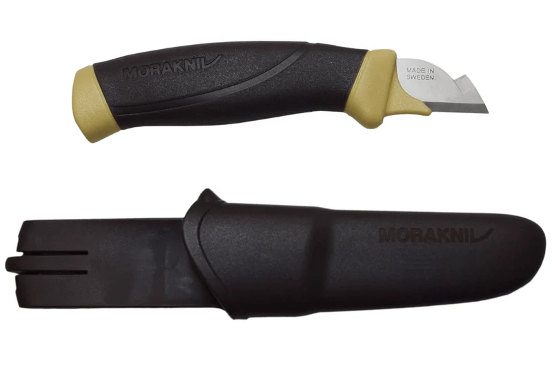 Couteau Mora Électricien 12201 ambidextre lame inox 2,1cm manche en caoutchouc noir/jaune avec étui