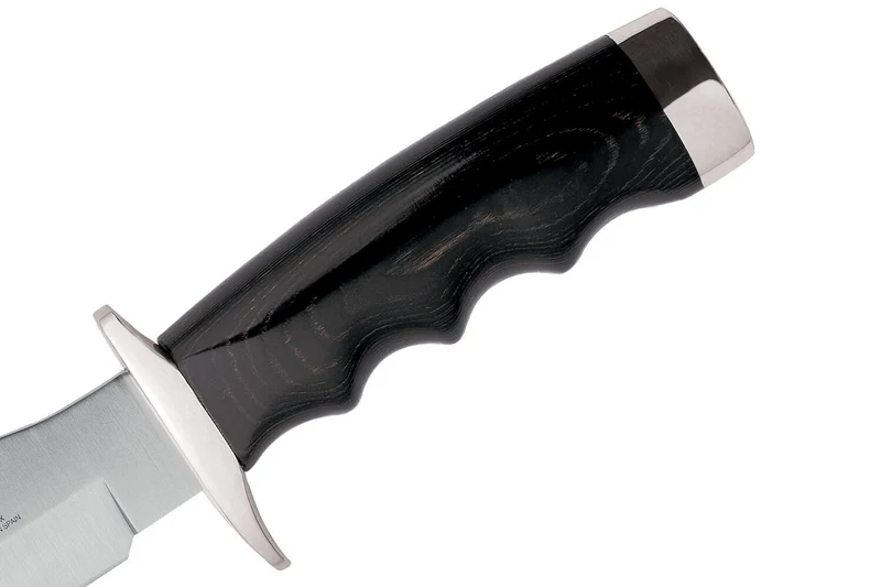Couteau Muela Bufalo 9257 lame 17cm manche micarta noir avec extrémités en laiton + étui en cuir