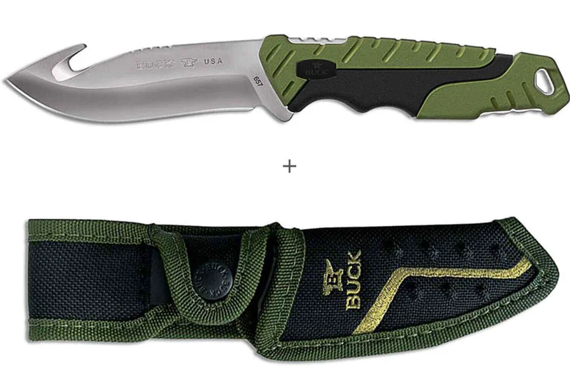 Couteau Buck 657 Pursuit Large Guthook 0657GRG lame 11,4cm manche nylon/fibres de verre vert + étui polyester
