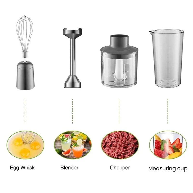 Mixeur Plongeant 4-en-1 Inox 304 — Tige Mixeuse, Hachoir 500 ml, Fouet, Verre Doseur 700 ml