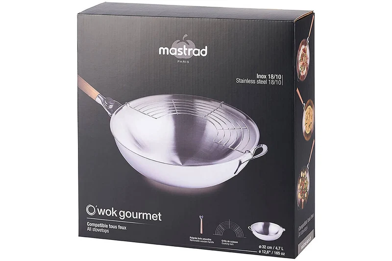 Wok Mastrad O'Wok Gourmet en acier inoxydable avec poignée amovible et grille