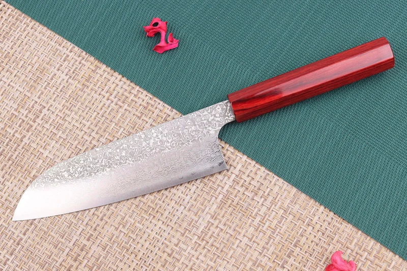 Couteau santoku japonais artisanal Kei Kobayashi SG2 Damas Heptagone 17cm
