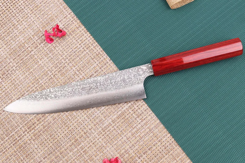 Couteau de chef japonais artisanal Kei Kobayashi SG2 Damas Heptagone 21cm