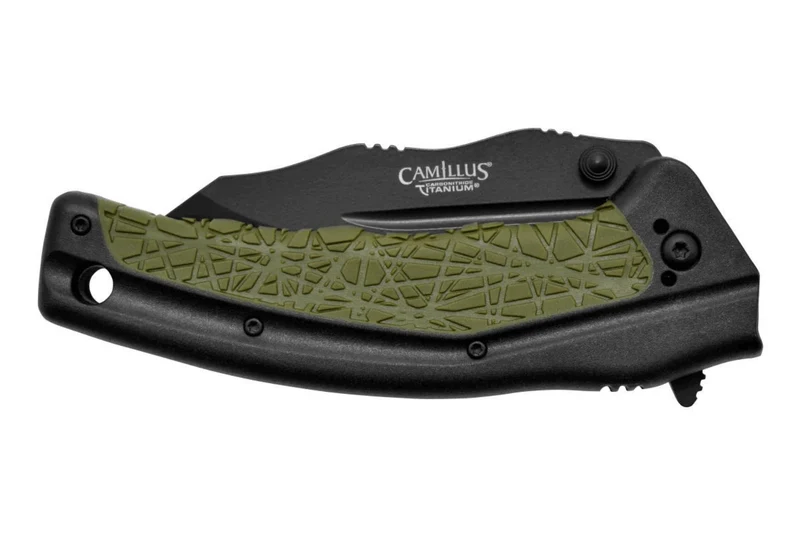 Couteau pliant Camillus FK-7.5 manche en nylon renforcé de verre/caoutchouc thermoplastique noir et vert 11,4cm