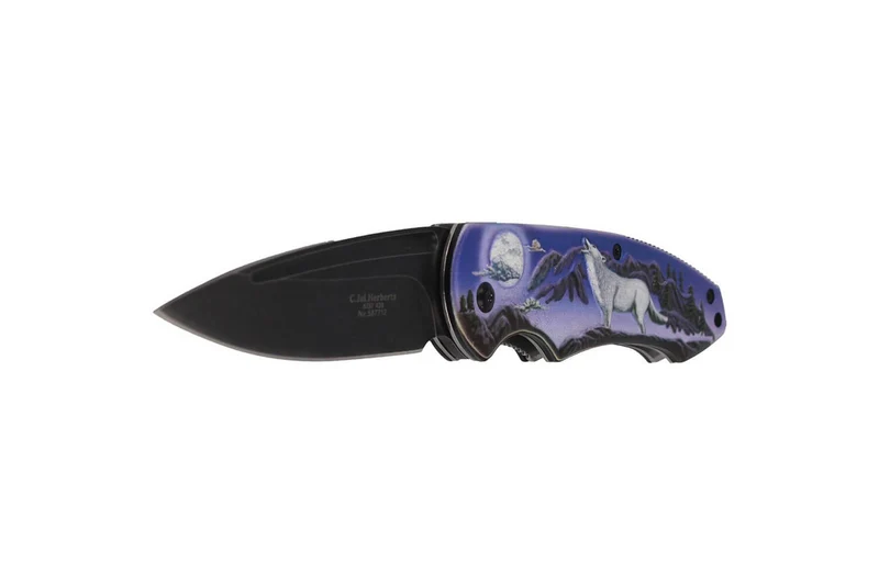 Couteau pliant Herbertz 587712 manche aluminium décoration 3D motif loup 11,5cm
