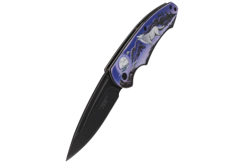 Couteau pliant Herbertz 587712 manche aluminium décoration 3D motif loup 11,5cm