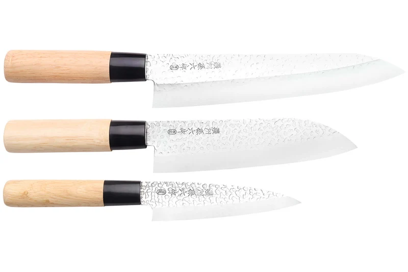 Coffret 3 couteaux japonais Satake Cutlery Tsuchime chef + santoku + deba