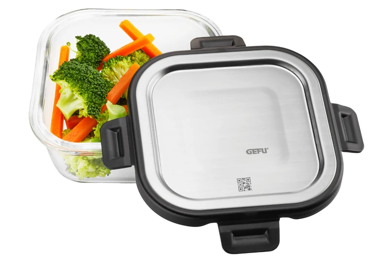 Boîte de conservation carrée au frais Gefu Milo en verre borosilicaté et acier inox 500ml