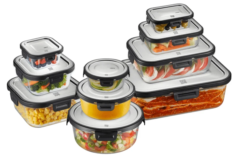 Boîte de conservation carrée au frais Gefu Milo en verre borosilicaté et acier inox 500ml