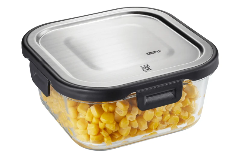 Boîte de conservation carrée au frais Gefu Milo en verre borosilicaté et acier inox 800ml