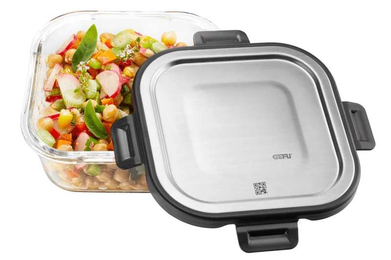 Boîte de conservation carrée au frais Gefu Milo en verre borosilicaté et acier inox 800ml