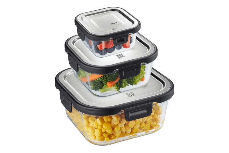 Boîte de conservation carrée au frais Gefu Milo en verre borosilicaté et acier inox 800ml