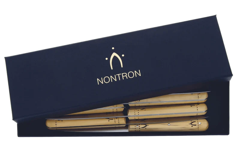 Boite de 6 couteaux de table/office Nontron 87600 lame 10cm manche en buis pyrogravé