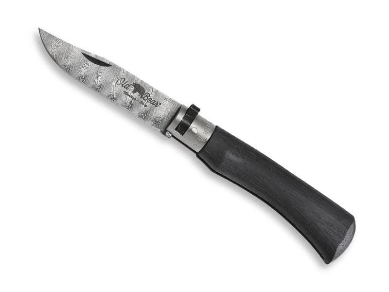Couteau Pliant Old Bear Total Black Virole Grise Acier Damas