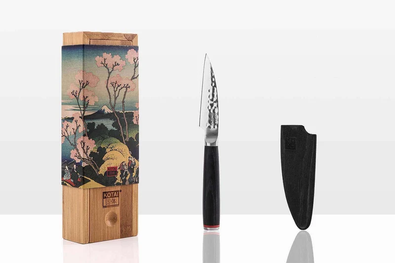 Couteau d'office Kotai lame martelée 10cm manche pakkawood avec fourreau