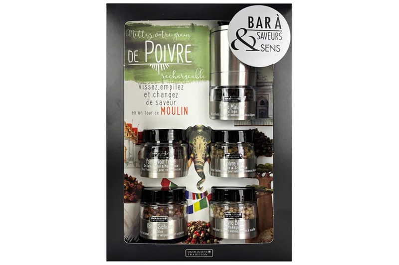Bar à poivres Savor&Sens 5 poivres et moulin dévissable - 72g