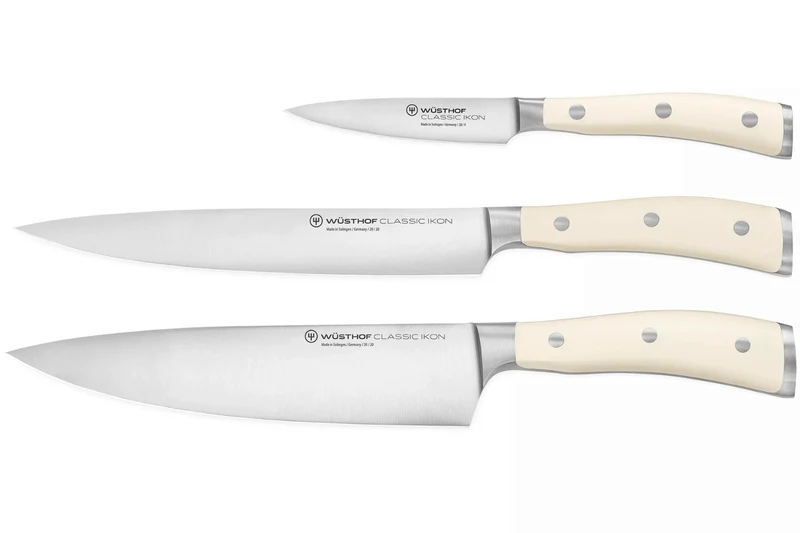 Coffret 3 couteaux Wüsthof Classic Ikon blanc forgés - office 9cm + tranchelard 20cm + chef 20cm