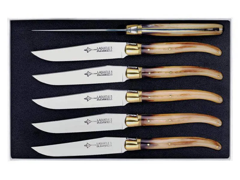 Coffret 6 couteaux de table Laguiole Arbalète G.DAVID 21cm inox manche façon corne blonde