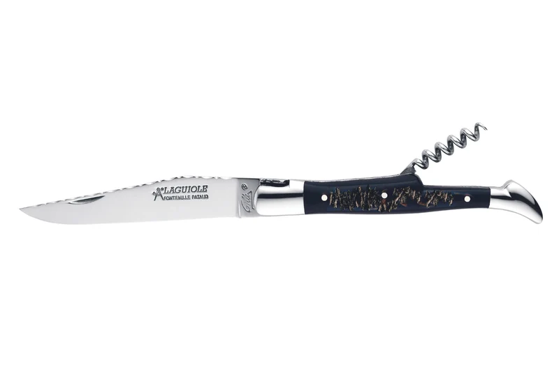 Couteau pliant Laguiole GILLES 8692 manche corne de buffle brute 12cm avec tire-bouchon