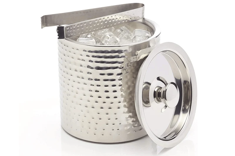 Petit seau à glace Barcraft en acier inox martelé avec couvercle 1,5L + pince à glaçon