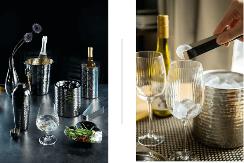 Petit seau à glace Barcraft en acier inox martelé avec couvercle 1,5L + pince à glaçon