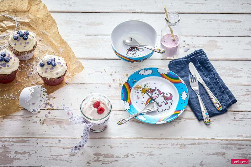 Coffret repas enfants WMF Licorne acier inox 18/10 et porcelaine