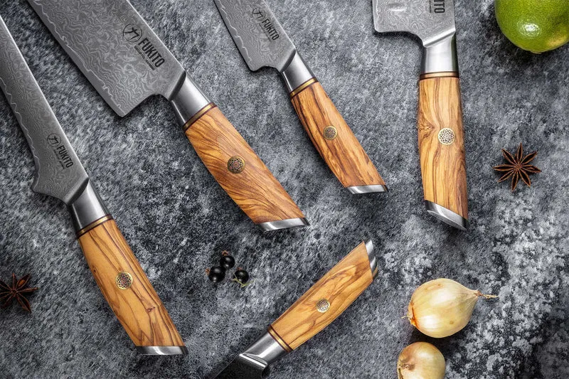 Couteau santoku Fukito Olive Damas alvéolé 14Cr 18cm