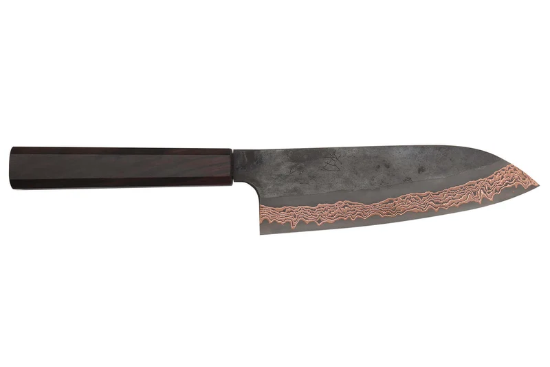 Couteau santoku 18cm japonais artisanal Hatsukokoro Yorokobi Kurouchi Damas