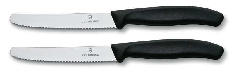 2 couteaux de table Victorinox noirs lames crantées 11cm bout rond