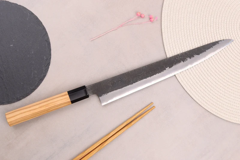 Couteau sujihiki 27cm japonais artisanal Hinoura Mutsumi Ajikataya Black Nashiji