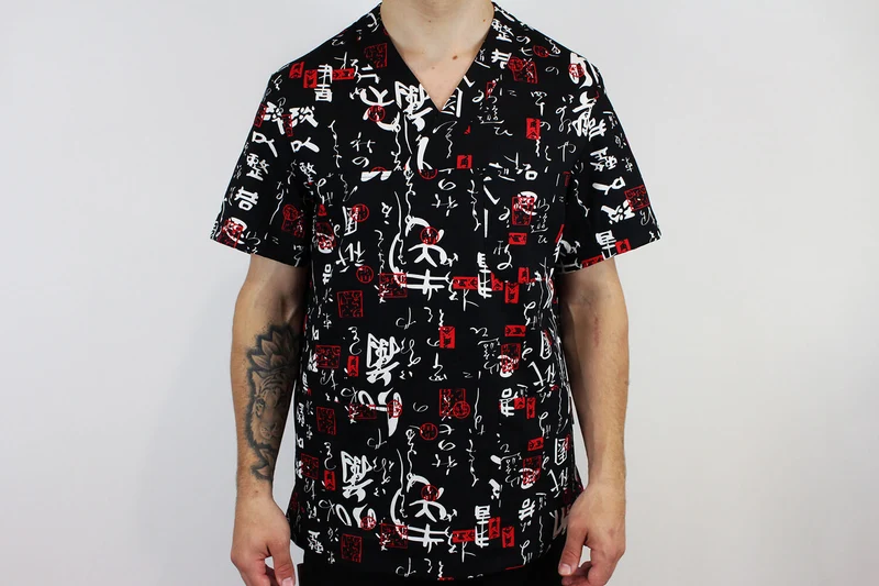 Veste de cuisine unisexe Egochef Leonardo caractères japonais 100% coton à manches courtes
