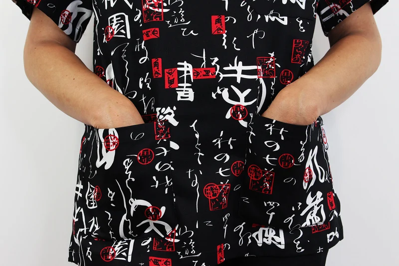 Veste de cuisine unisexe Egochef Leonardo caractères japonais 100% coton à manches courtes