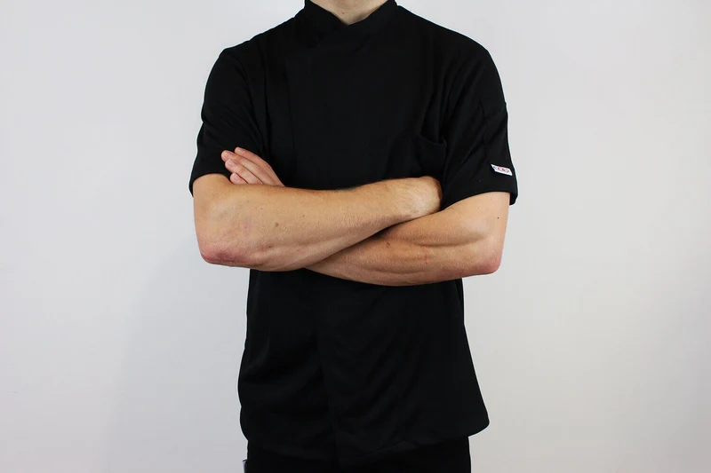 Veste de cuisine unisexe Egochef Pizzaiolo noire 100% Air Plus à manches courtes