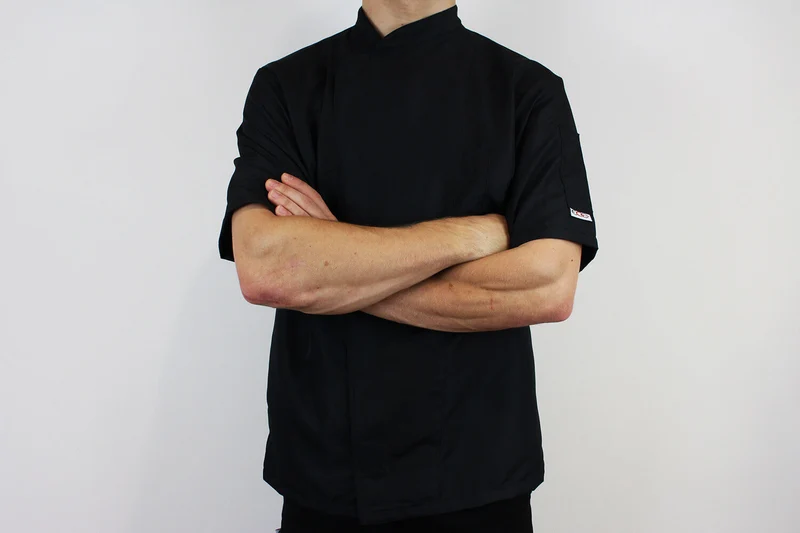 Veste de cuisine unisexe Egochef Ottavio Air Plus noire 100% microfibre à manches courtes