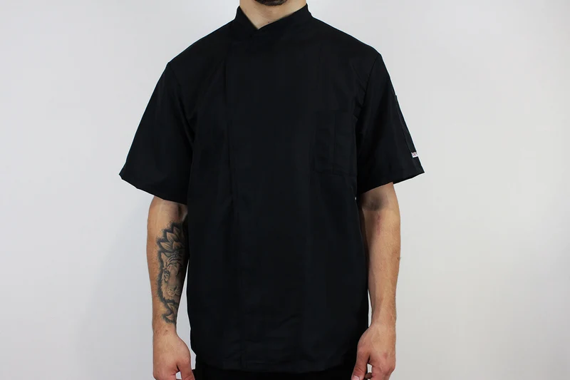 Veste de cuisine unisexe Egochef Ottavio Air Plus noire 100% microfibre à manches courtes
