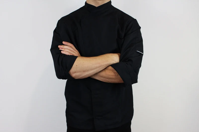Veste de cuisine unisexe Egochef Ottavio Air Plus noire 100% microfibre à manches longues