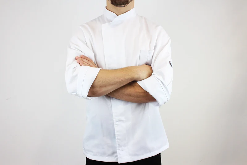 Veste de cuisine unisexe Egochef Cheap Air Plus blanche polyester et coton à manches longues